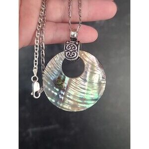 Italian 925 Sterling Silver Abalone Shell Pendant Necklace Vintage
